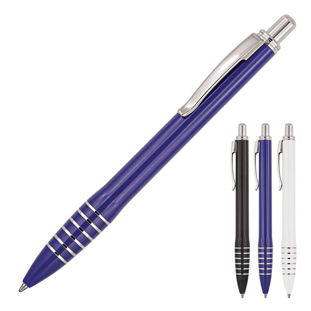 A ballpoint pen named "William" in purple, with silver accents, alongside black and white versions. Features a logo.