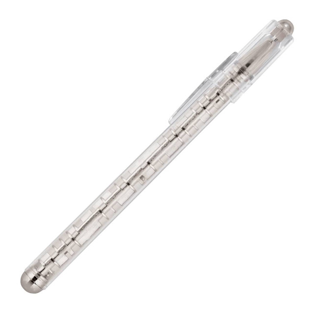 A silver ballpoint pen with a transparent barrel and a clip, featuring a silver-tone tip.