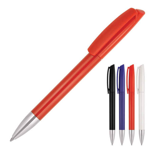 A plastic ballpoint pen in red, with a silver tip, alongside black, blue, purple, and white versions. It has a logo.