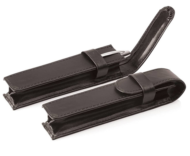 A black PU single pen pouch with a flap closure, featuring a sleek, minimalist design.
