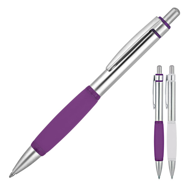 A ballpoint pen featuring a silver body with a purple rubber grip and a clip. Includes additional white version displayed.