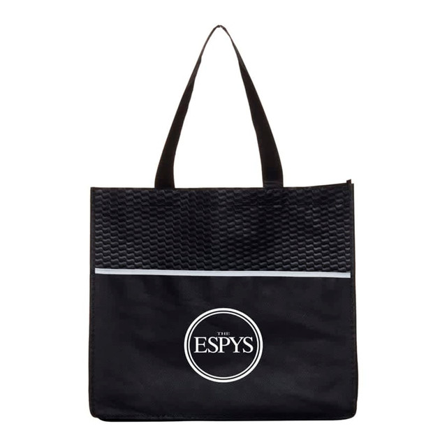 A black shopping tote bag featuring a textured upper and a circular logo at the centre.