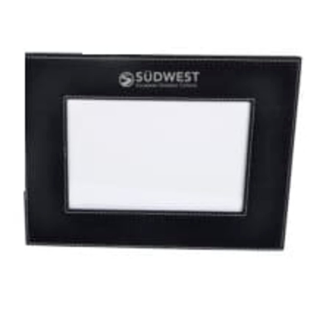 A black 5x7 photo frame with a logo at the top and a blank space for a photo.