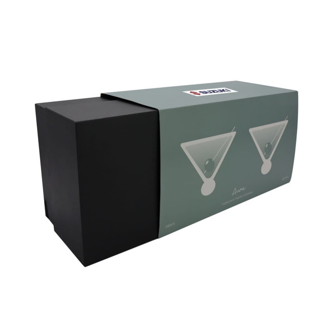 A boxed set of iridescent martini glasses, featuring a sleek design and a modern colour scheme.