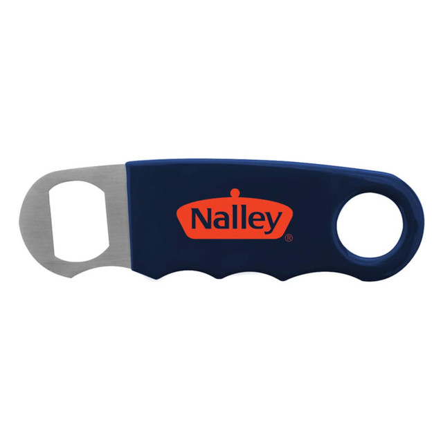 A drink bottle opener in navy blue with a stainless steel opening lever and a logo on one side.