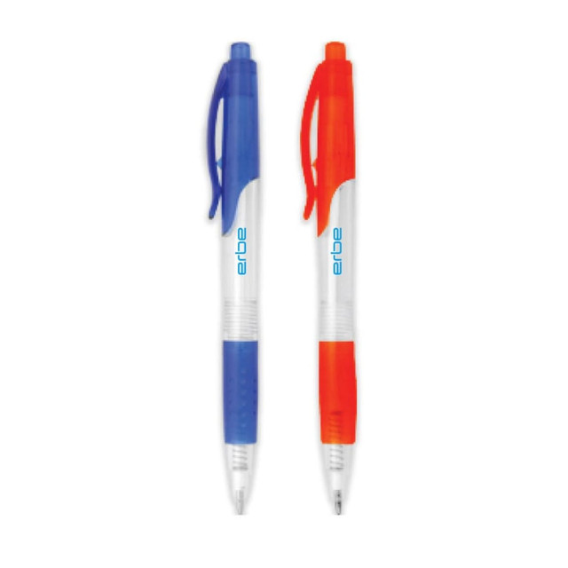 A plastic pen set featuring a blue and an orange pen with clear barrels and a logo.