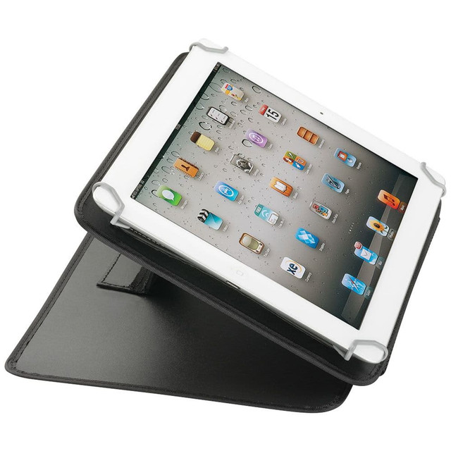 A black iPad holder for compendium, featuring a protective case and a display for an iPad screen.