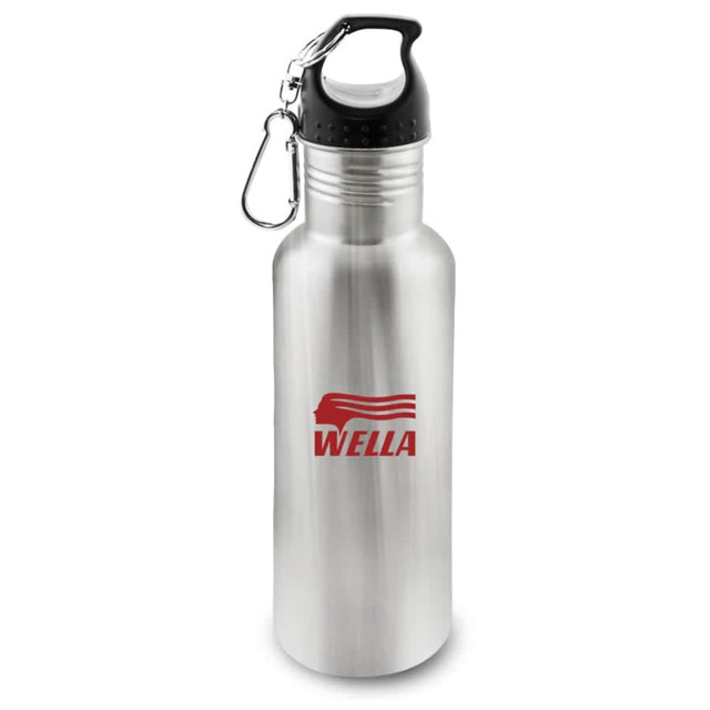 A drink bottle made of stainless steel with a black lid, featuring a logo on the front.