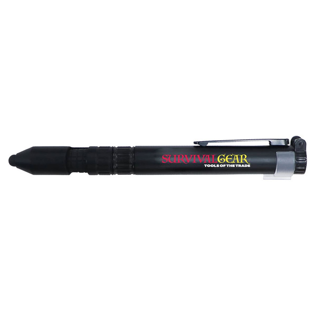 A black stylus pen featuring a clip and a textured grip, with a branding logo on its side.