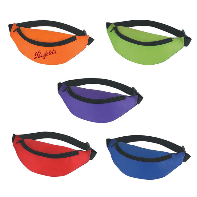 Five bum bags in orange, green, purple, red, and blue, all featuring zippers and an adjustable strap.