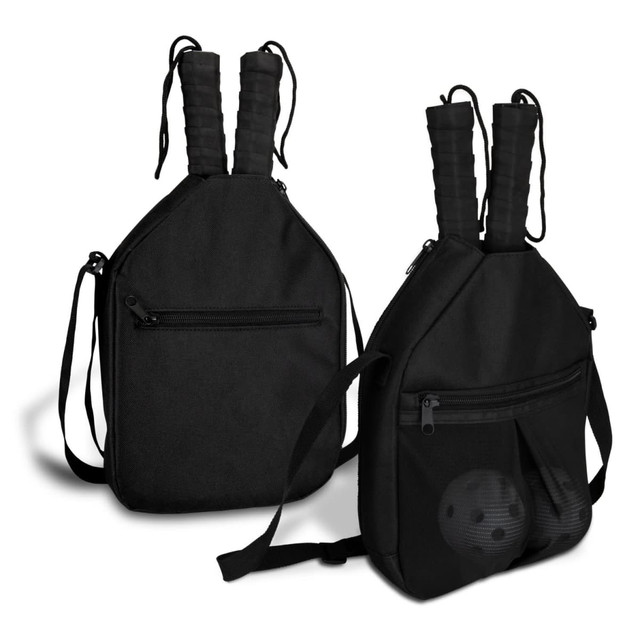 A black pickleball set bag with two paddle holders, featuring a zippered front pocket and an adjustable strap.