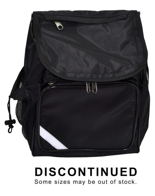 A black school bag with a zippered main compartment and a side mesh pocket, featuring a logo.