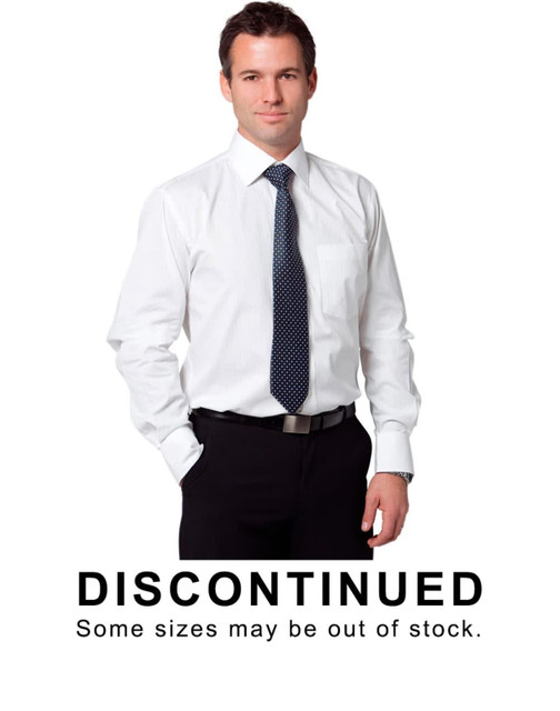 A men's long sleeve shirt in white with self stripes, paired with a polka dot tie and black trousers. Features branding.