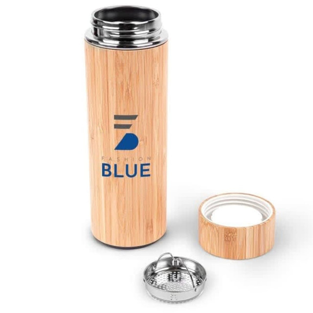 A drink bottle with a bamboo exterior, stainless steel cap, and a logo. Predominantly blue with natural wood tones.