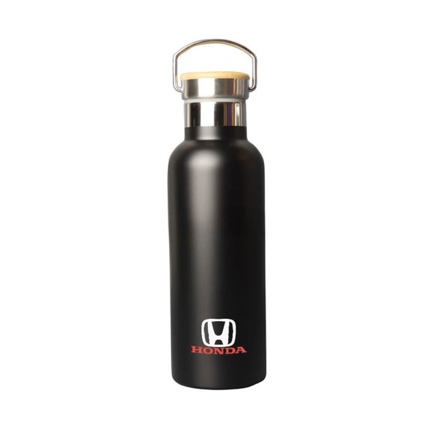 A drink bottle in matte black with a stainless steel lid and a wooden accent, featuring a logo.