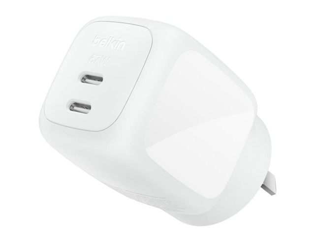 A white dual USB-C wall charger with a sleek design and a branding logo.