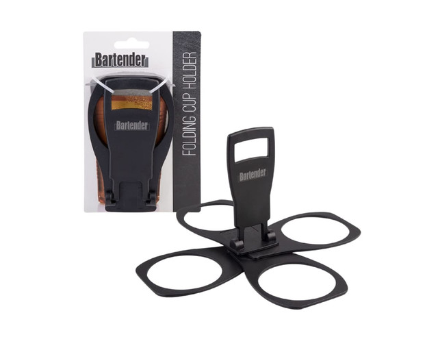 A black folding cup holder with four cup slots, displayed with packaging that includes a logo.