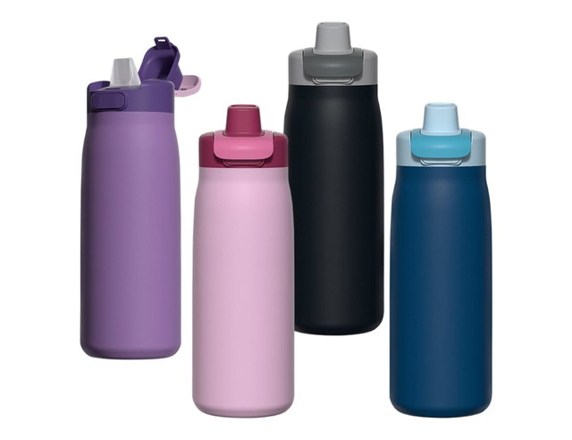 A drink bottle collection featuring purple, pink, black, and blue designs with flip-top lids. Each bottle has a logo.