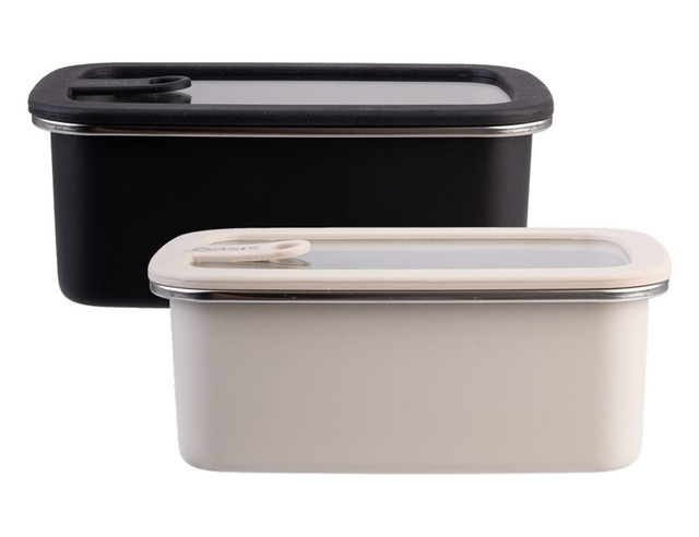 A set of two rectangular stainless steel containers, one black and one cream, with clear lids and a brand logo.