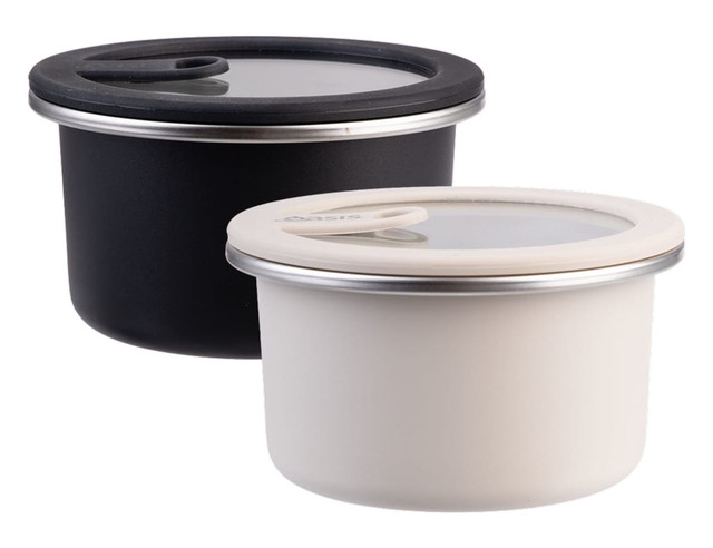 A round microwave-safe stainless steel container set in black and white, each with a transparent lid and a branding logo.
