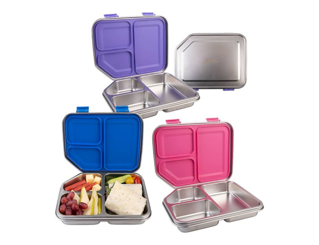 A Bento lunch box set featuring three compartments in pink, blue, and purple. The boxes have metallic interiors and plastic lids.