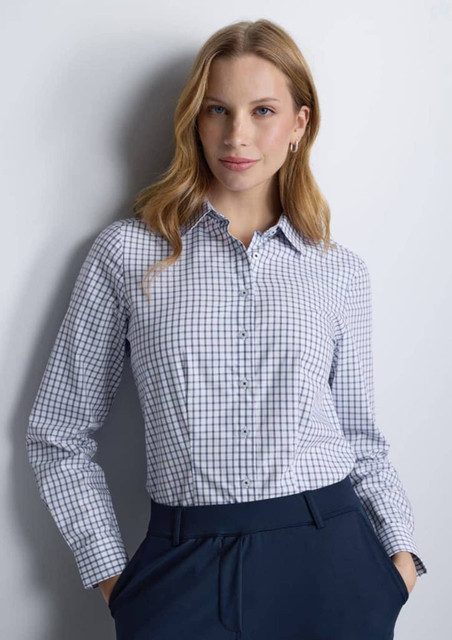 A long sleeve women's shirt in navy and white check pattern, featuring a collar and button-down front.