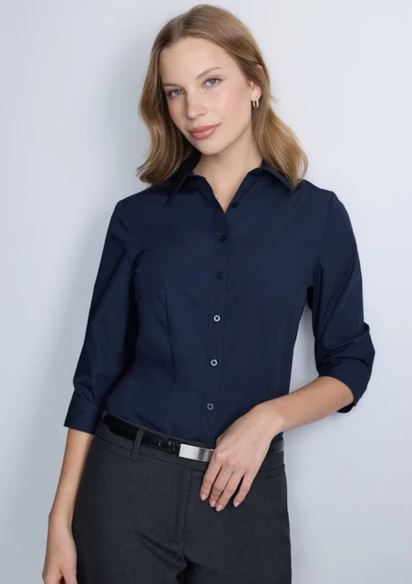A navy blue women's 3/4 sleeve shirt, featuring a collared neckline and button front, worn by a model.