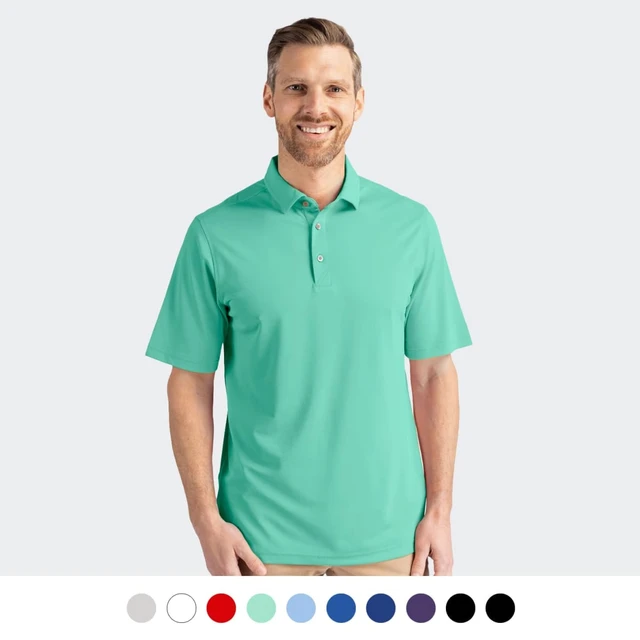 A men's polo shirt in a vibrant mint green with a collar and buttons, featuring a logo. Available in multiple colours.