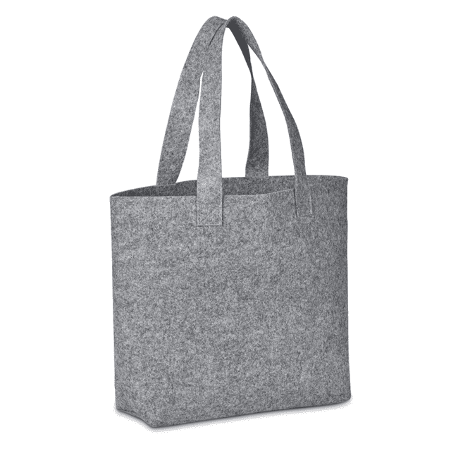 A grey felt shopper bag with two handles and a logo. The bag has a simple, structured design.