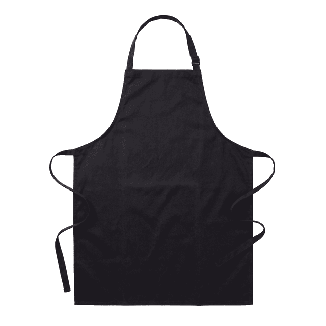 A black full bib apron with adjustable neck straps and side ties. It features a logo on the fabric.