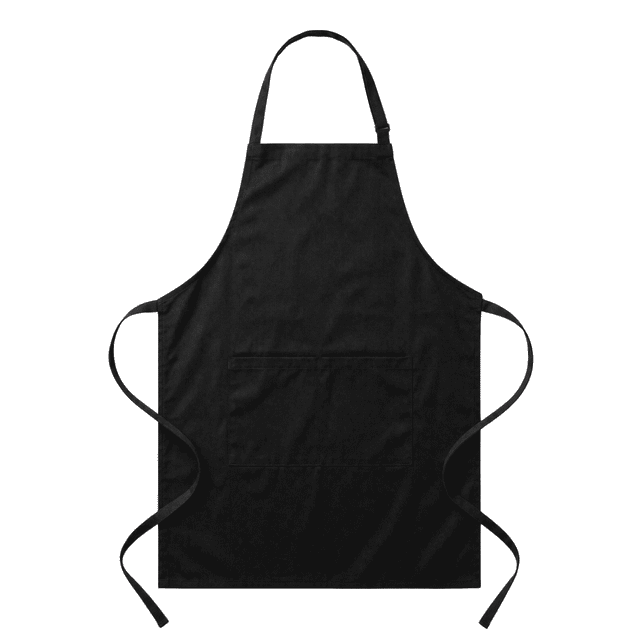 A black classic full bib apron with a front pocket and tie straps. Features a logo on the chest area.