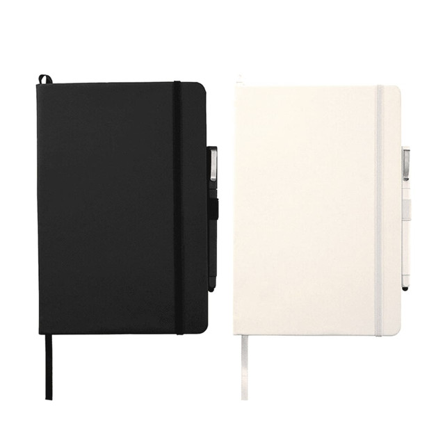 A large hard-bound journal book available in black and white, featuring an elastic band and a pen holder.