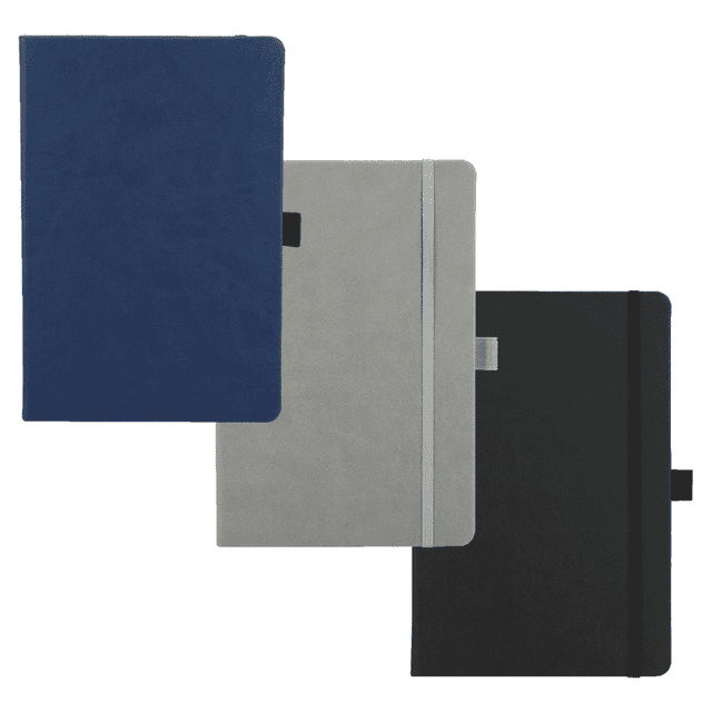 A collection of three hard-bound journals in navy blue, grey, and black, each featuring a logo.