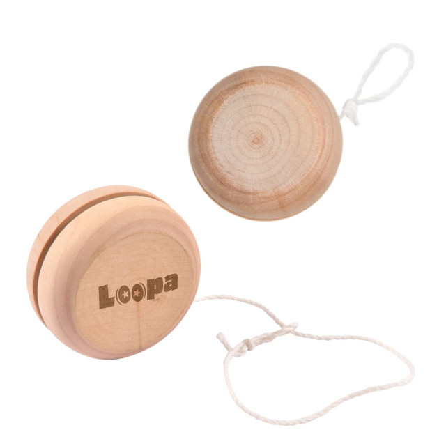 A wooden yo-yo in a natural finish with a string attached, featuring a logo on one side.