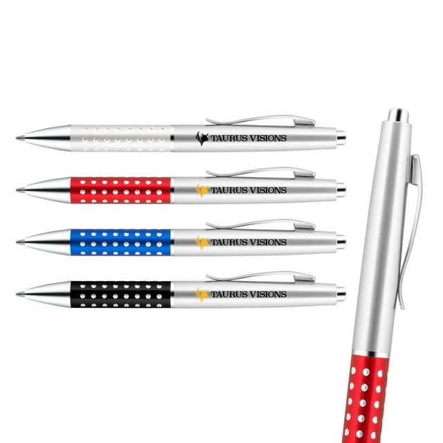 A selection of metal pens in white, red, blue, black, and silver with a dotted design and a logo.