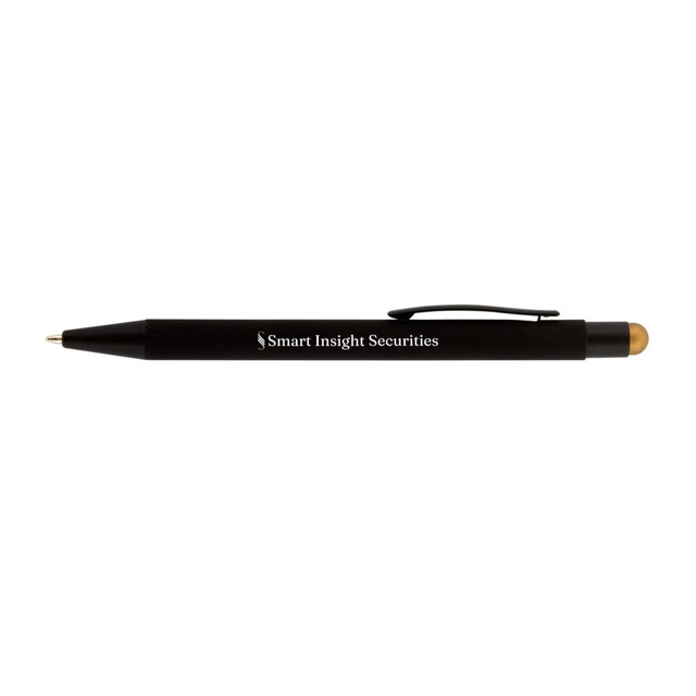 A black pen with a stylus tip and a clip, featuring a logo on the barrel.