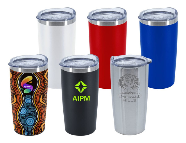 A set of six travel mugs in various colours including white, red, blue, silver, black, and a patterned design. Each mug has a lid and one contains a logo.