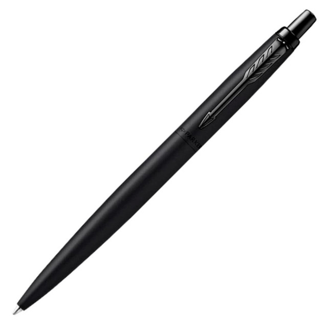 A black ballpoint pen with a matte finish and a branding logo. The design is sleek and modern.