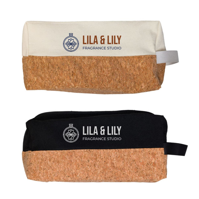 A utility pouch in cream and black, featuring a cork bottom and a zipper, with a logo on both sides.