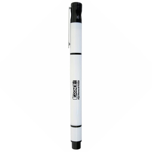 A dual pen and highlighter in white and black, featuring a logo on its body.