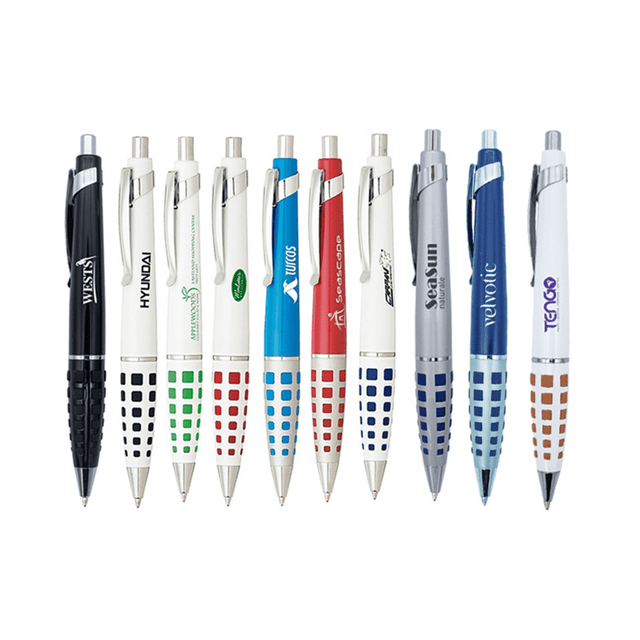 A collection of metal pens in various colours, featuring designs with grip patterns and logos.