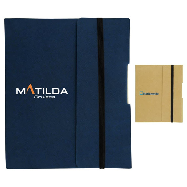 A navy blue tuck journal book with an elastic band closure and a smaller tan booklet beside it, featuring logos.