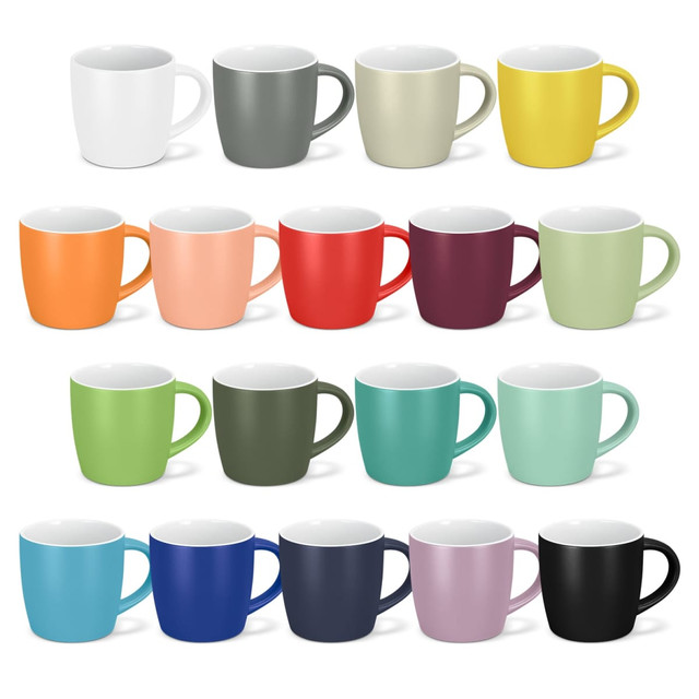 A collection of coffee mugs in various colours, including white, grey, yellow, orange, red, and blue, with contrasting interiors.