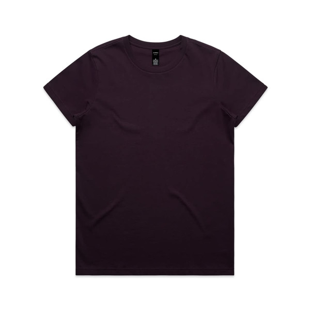 A dark purple t-shirt with a classic crew neck and a logo at the neckline.