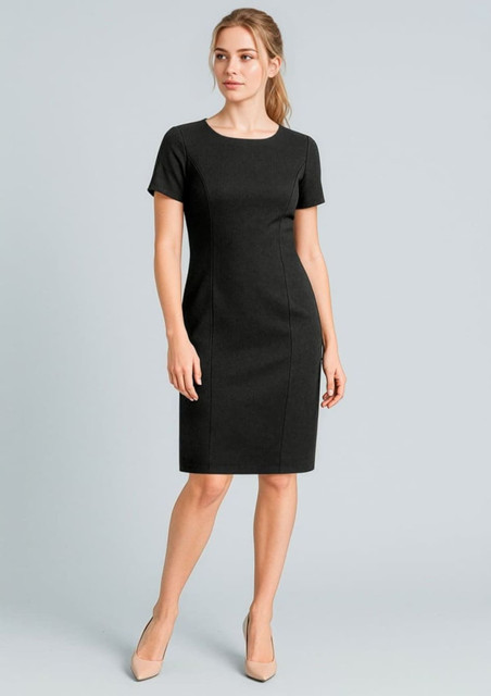 A fitted black short sleeve shift dress with a round neck and a sleek silhouette. It features branding on the fabric.