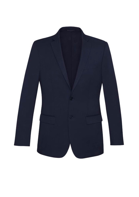 A slimline men's jacket in navy wool stretch fabric with a notch lapel and two front pockets. It features branding.