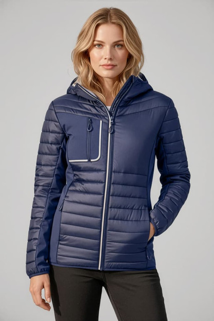 A navy unisex patrol jacket featuring a zippered front, hood, and side pockets. It has a sleek, insulated design.
