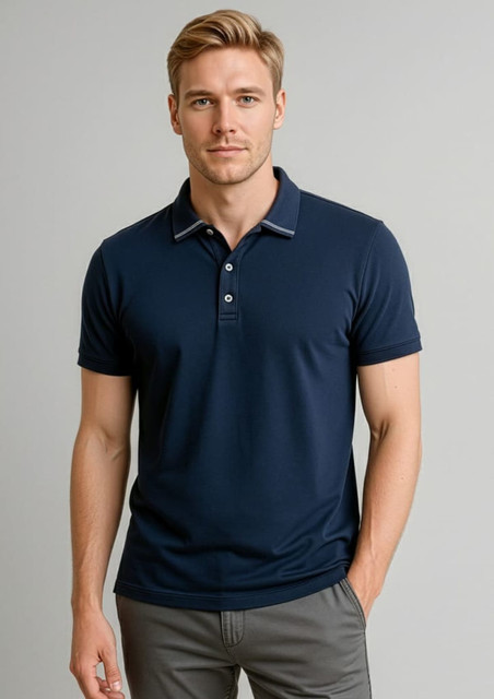 A mens short sleeve polo in navy blue with a collar and a logo.