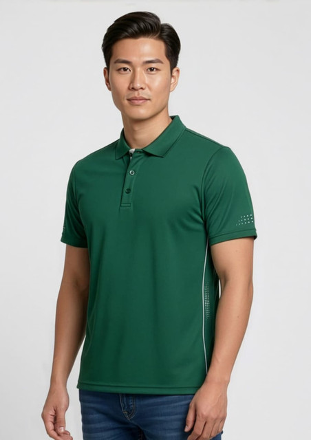 A green men's polo shirt with short sleeves and a logo on the sleeve.