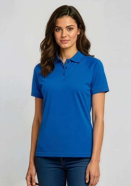 A blue women's short sleeve polo shirt featuring a collar and button placket. Comes with branding.